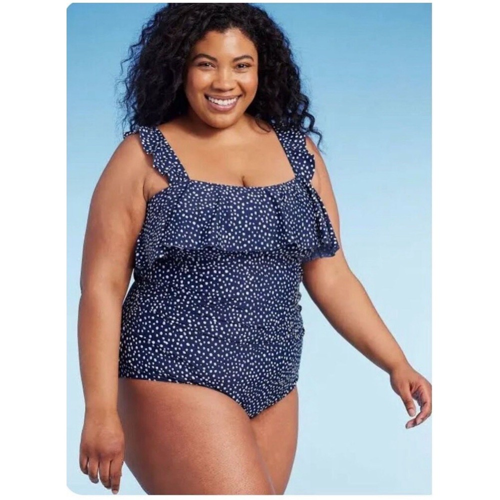 Kona Sol Womens Navy Blue Polka Dot Ruffle One Piece Swimsuit Ruched Slimming